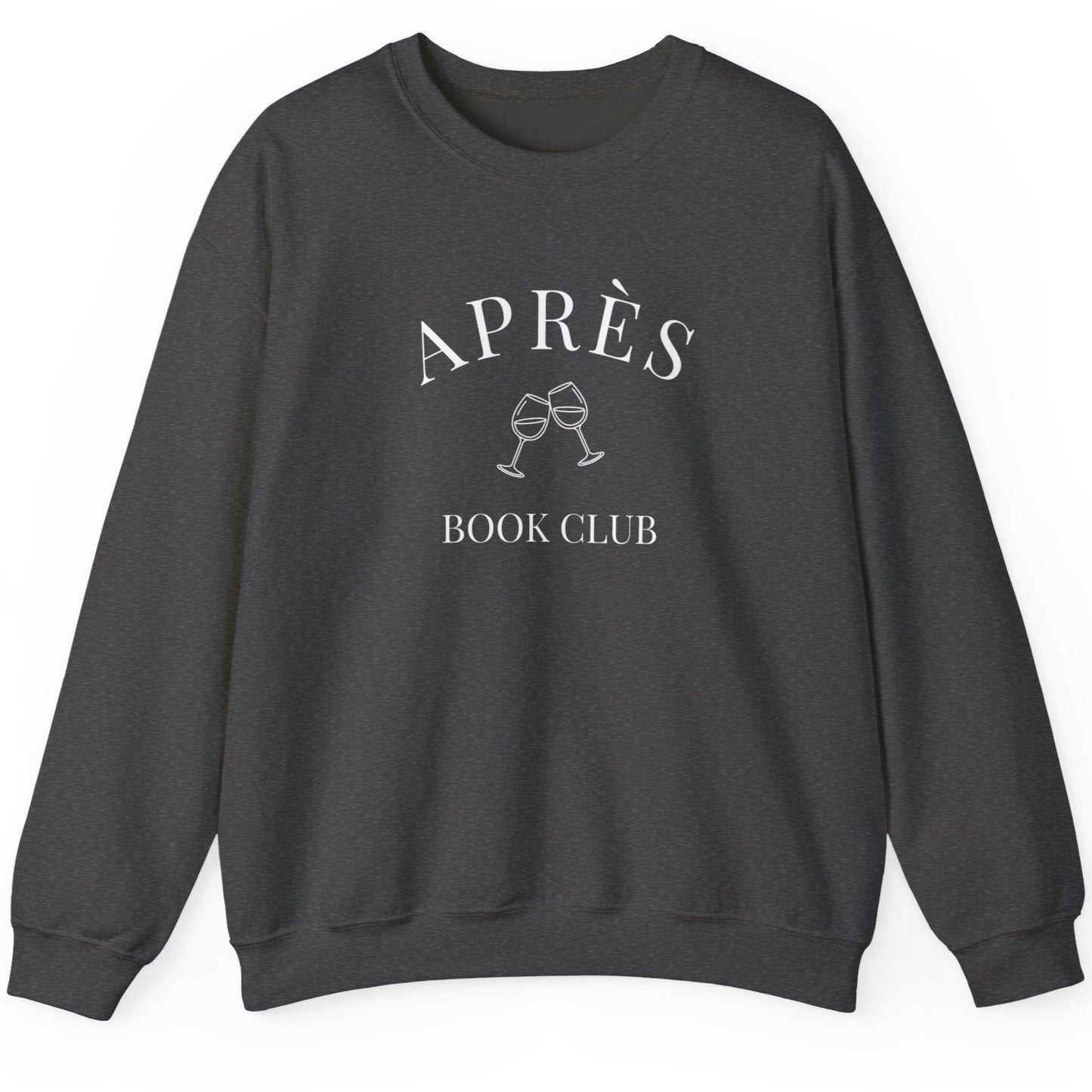 Dark gray sweatshirt with 'Apres Book Club' text and graphics on a white background