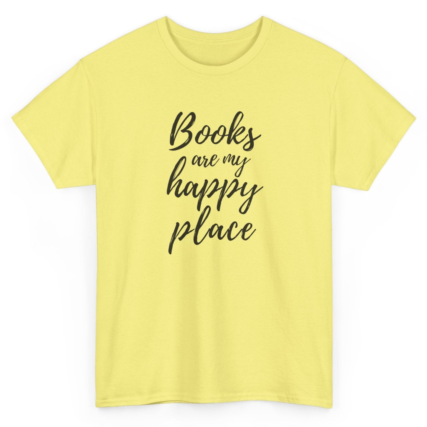 Yellow t-shirt with 'Books are my happy place' text on a white background