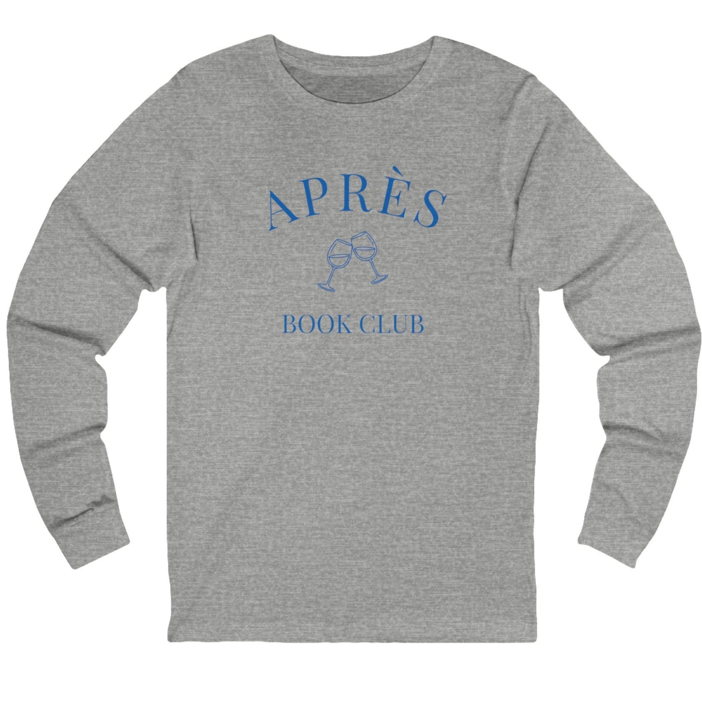 Gray long-sleeve shirt with 'Apres Book Club' text and wine glass graphic on a white background