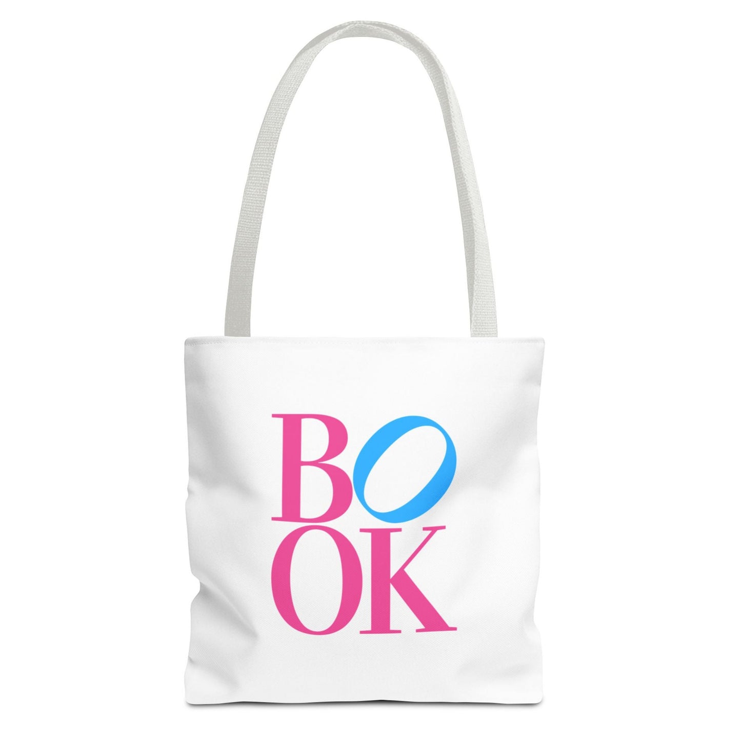White tote bag with 'BOOK' printed in pink and blue on a white background