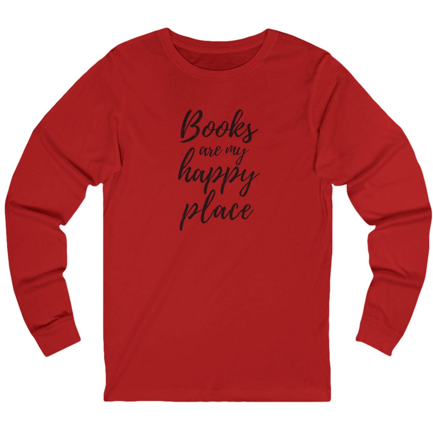 Red long-sleeve shirt with 'Books are my happy place' text on a white background