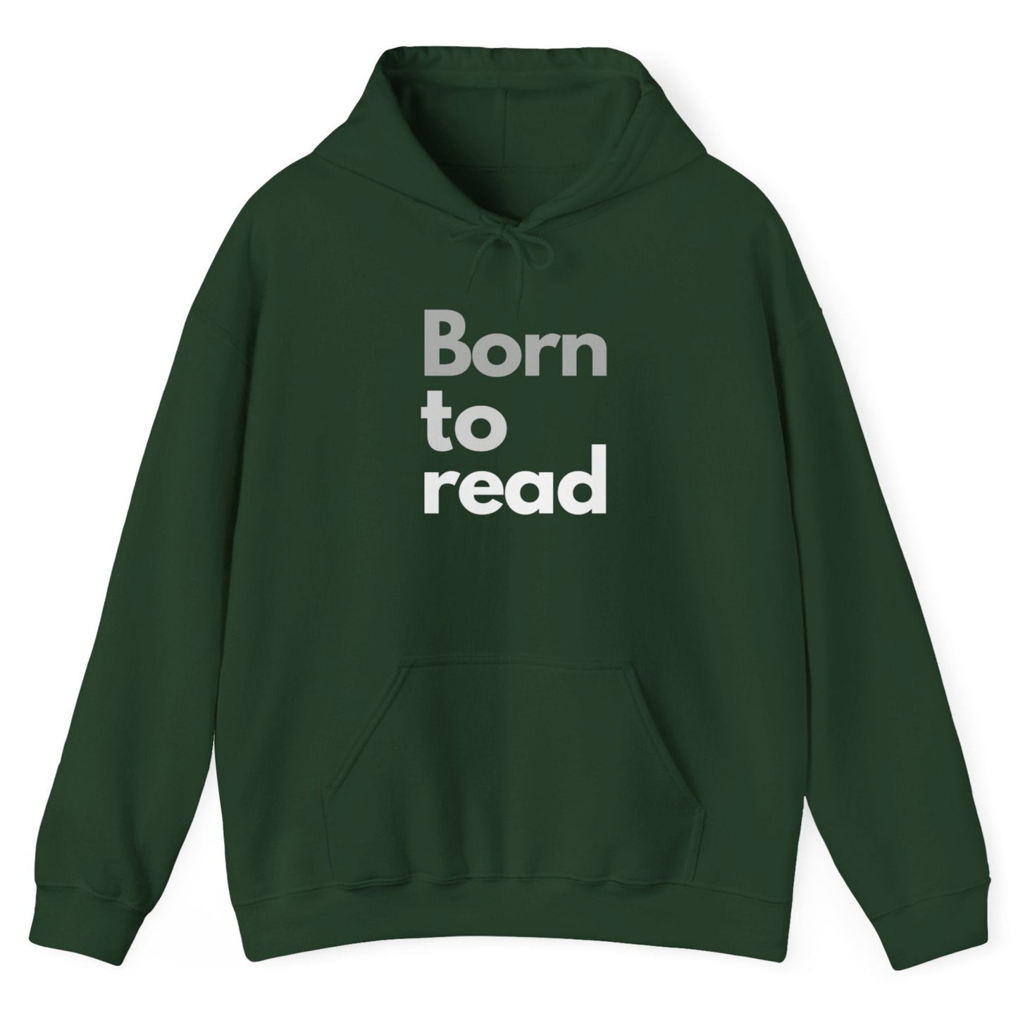 Green hoodie with 'Born to read' text on a white background
