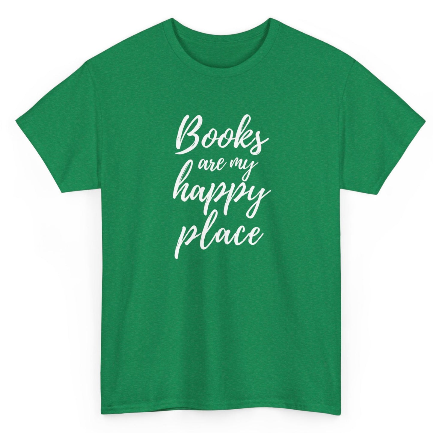 Green t-shirt with 'Books are my happy place' text on a white background