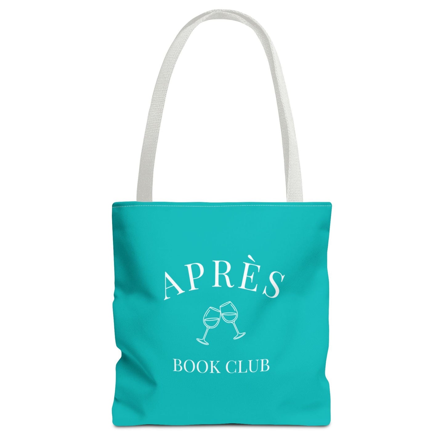 Turquoise tote bag with 'APRÈS BOOK CLUB' text and graphics on a white background
