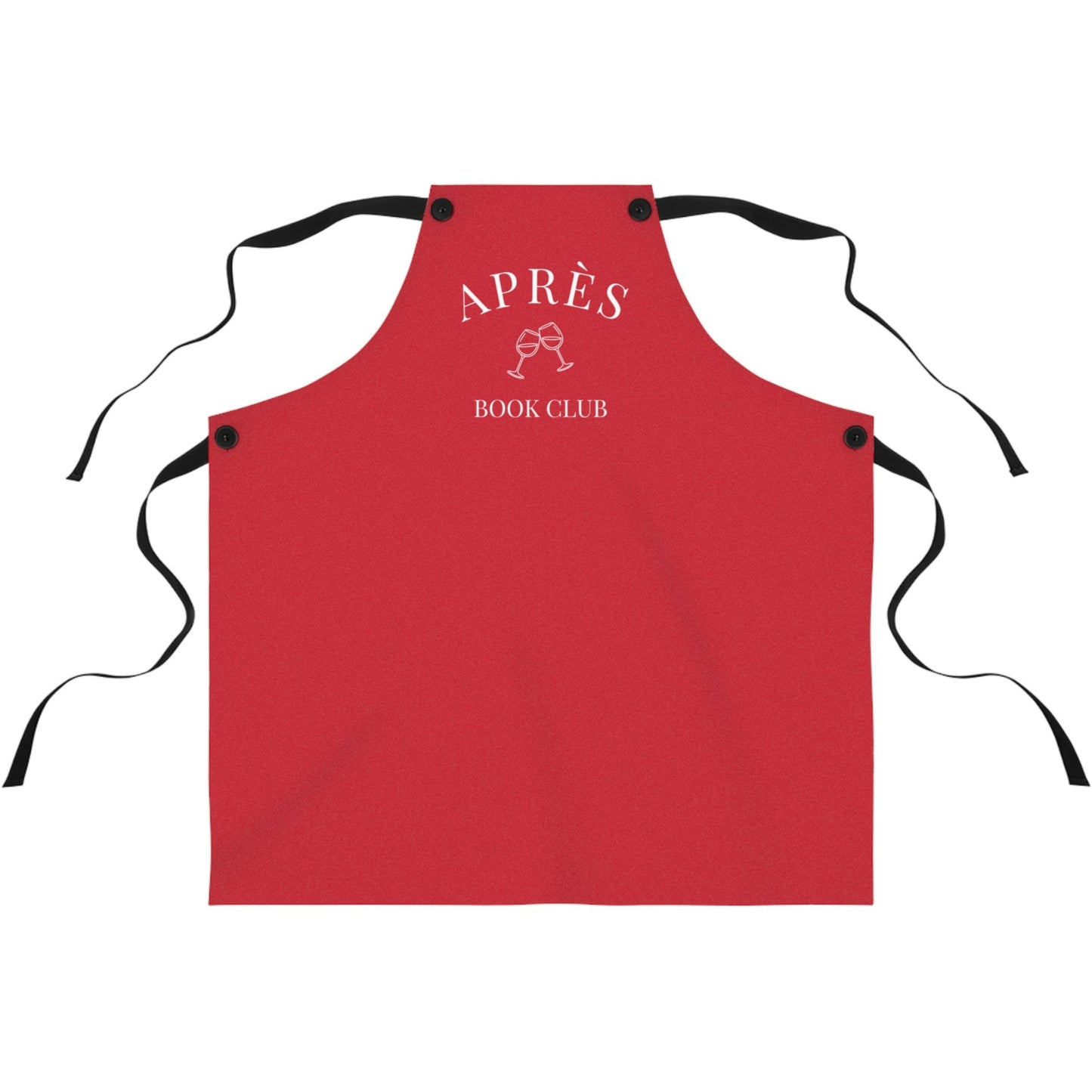 Red apron with 'APRèS BOOK CLUB' text on a white background