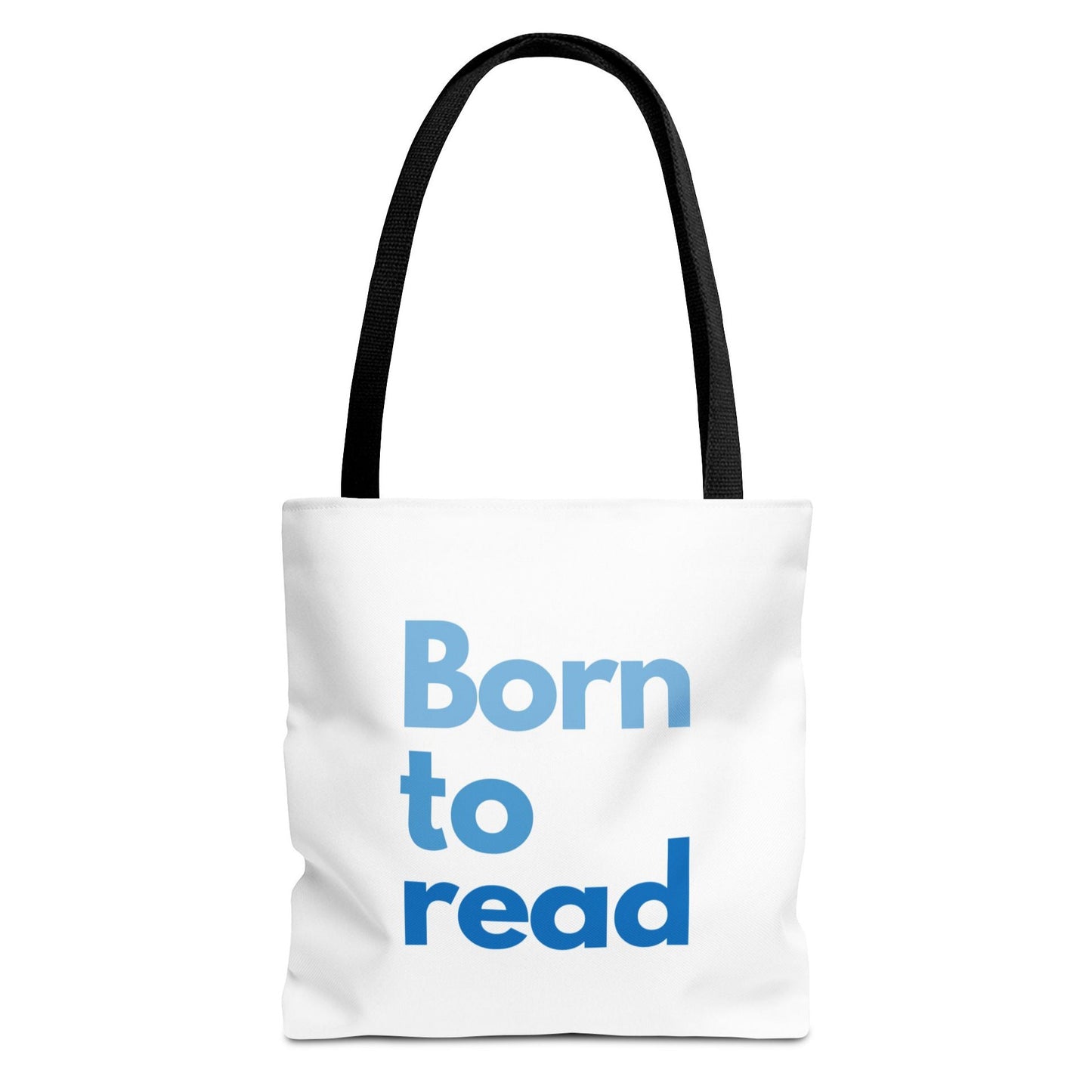 White tote bag with 'Born to read' text in blue on a white background