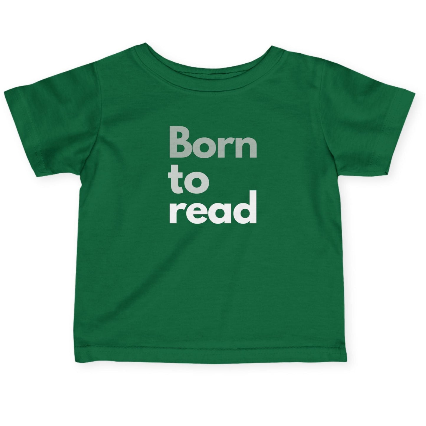 Green t-shirt with 'Born to read' text on a white background