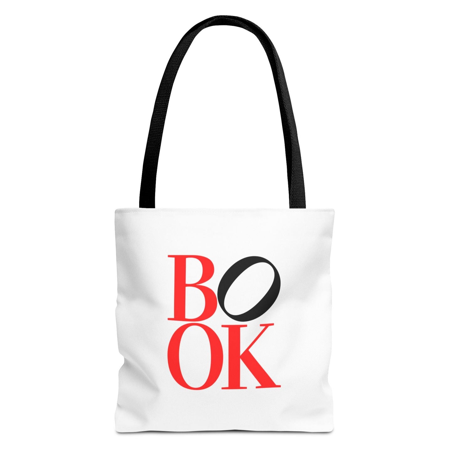 White tote bag with 'BOOK' printed in red and black on a white background