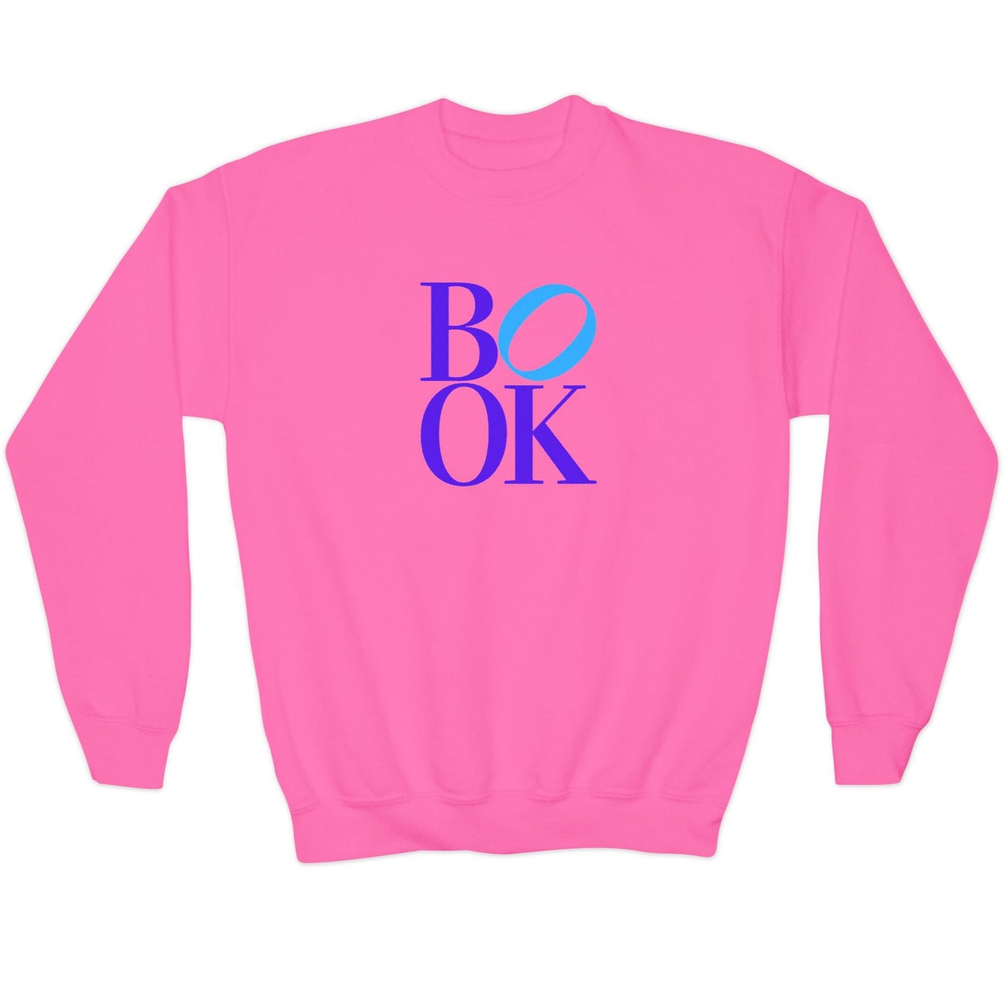 Pink sweatshirt with 'BOOK' text on the back against a white background