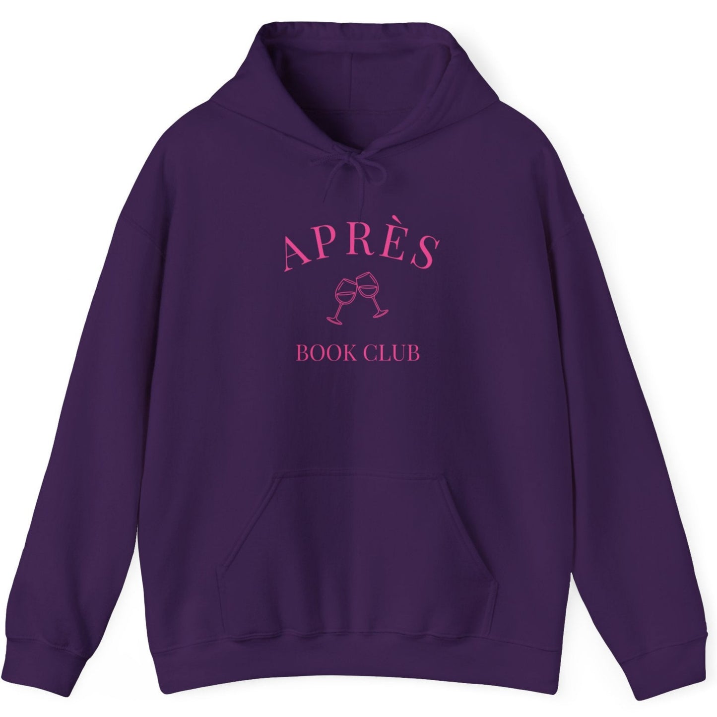 Purple hoodie with 'APRèS BOOK CLUB' text on a white background