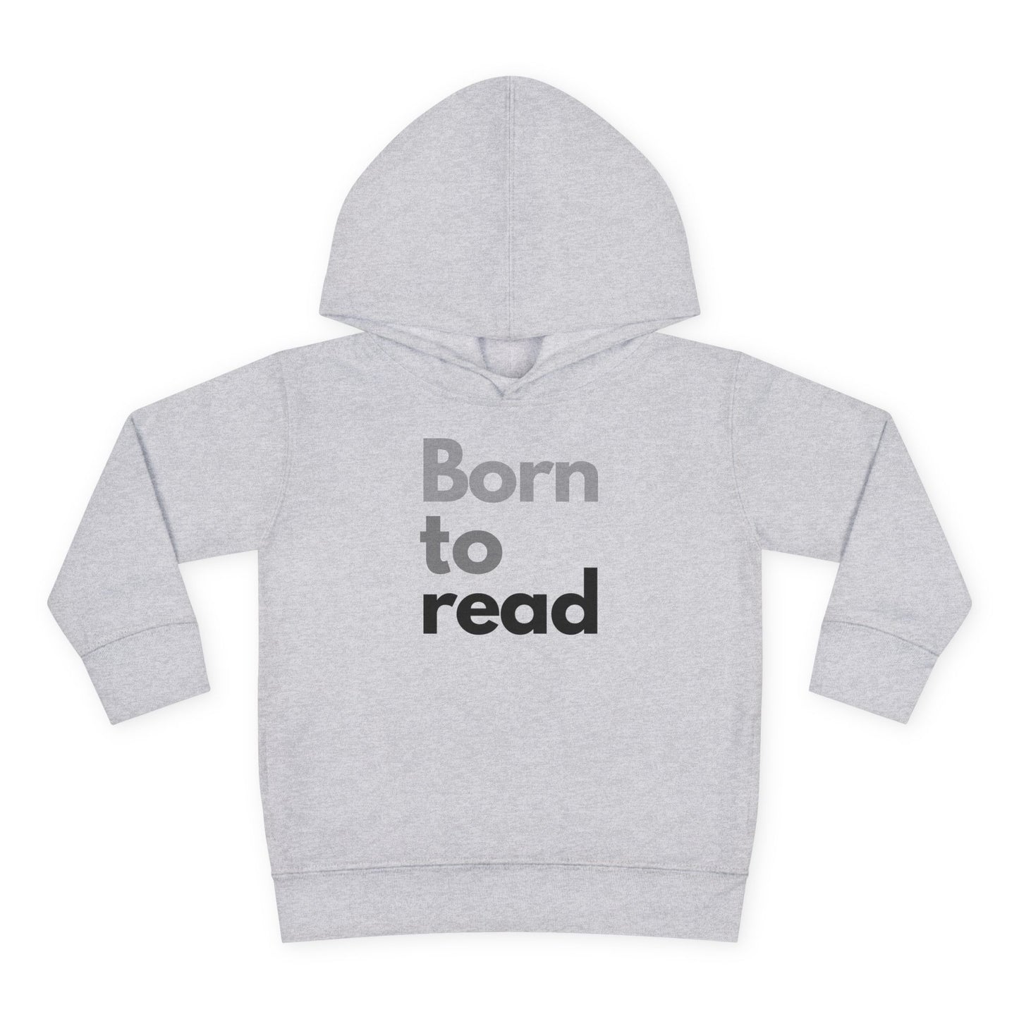 Gray hoodie with 'Born to read' text on a white background