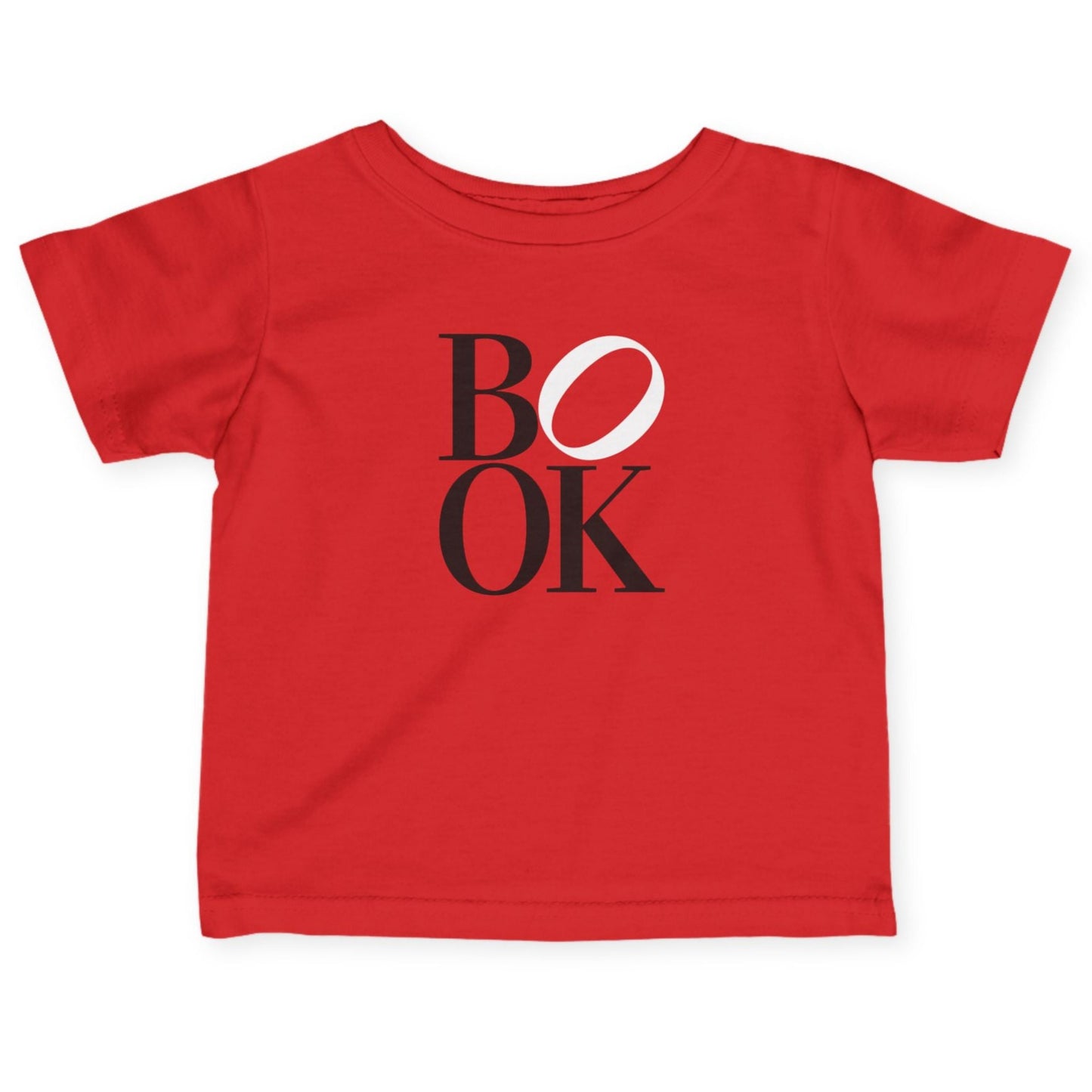 Red t-shirt with 'BOOK' printed on it against a white background