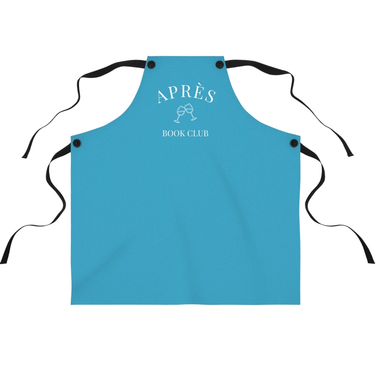 Blue apron with 'APRèS BOOK CLUB' text on a white background