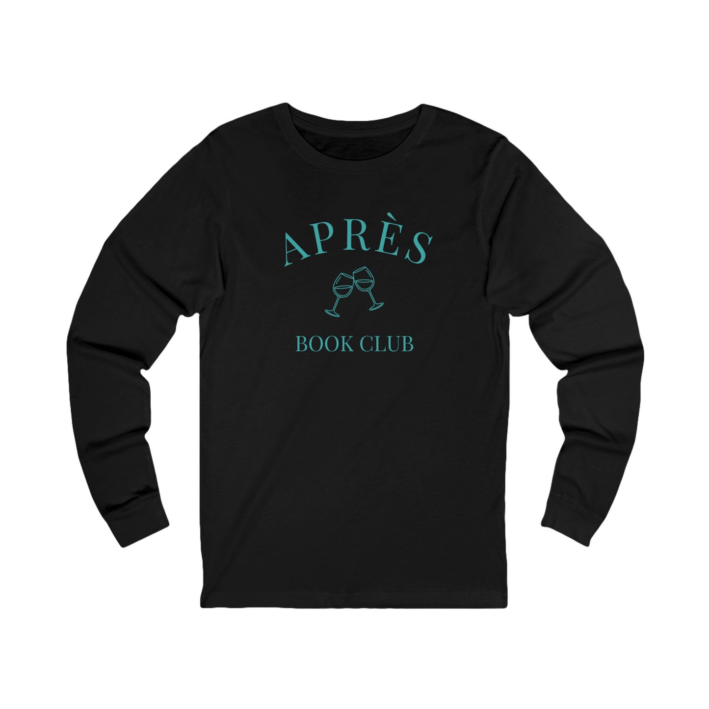 Black long-sleeve shirt with 'APRèS BOOK CLUB' text and wine glass graphics on a white background