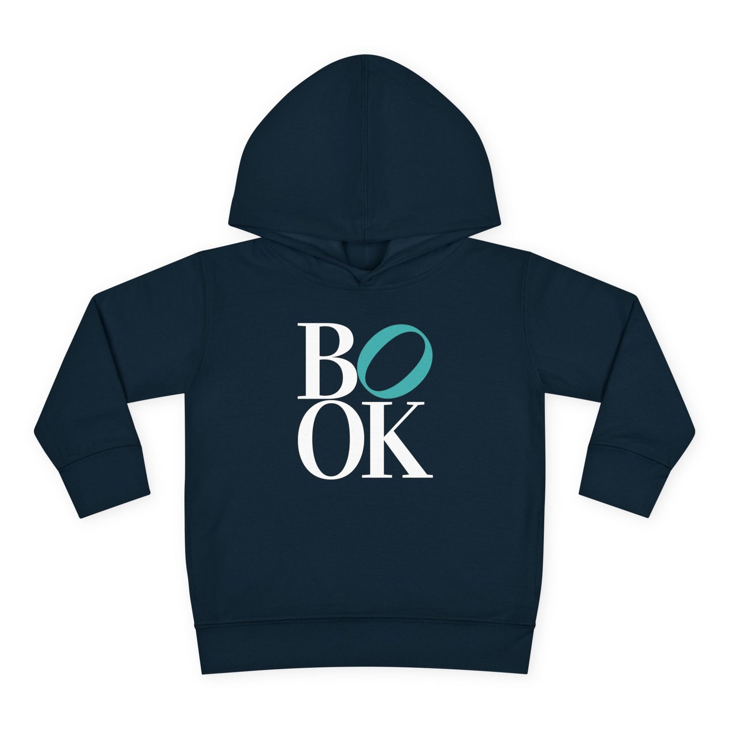 Navy blue hoodie with 'BOOK' text on a white background