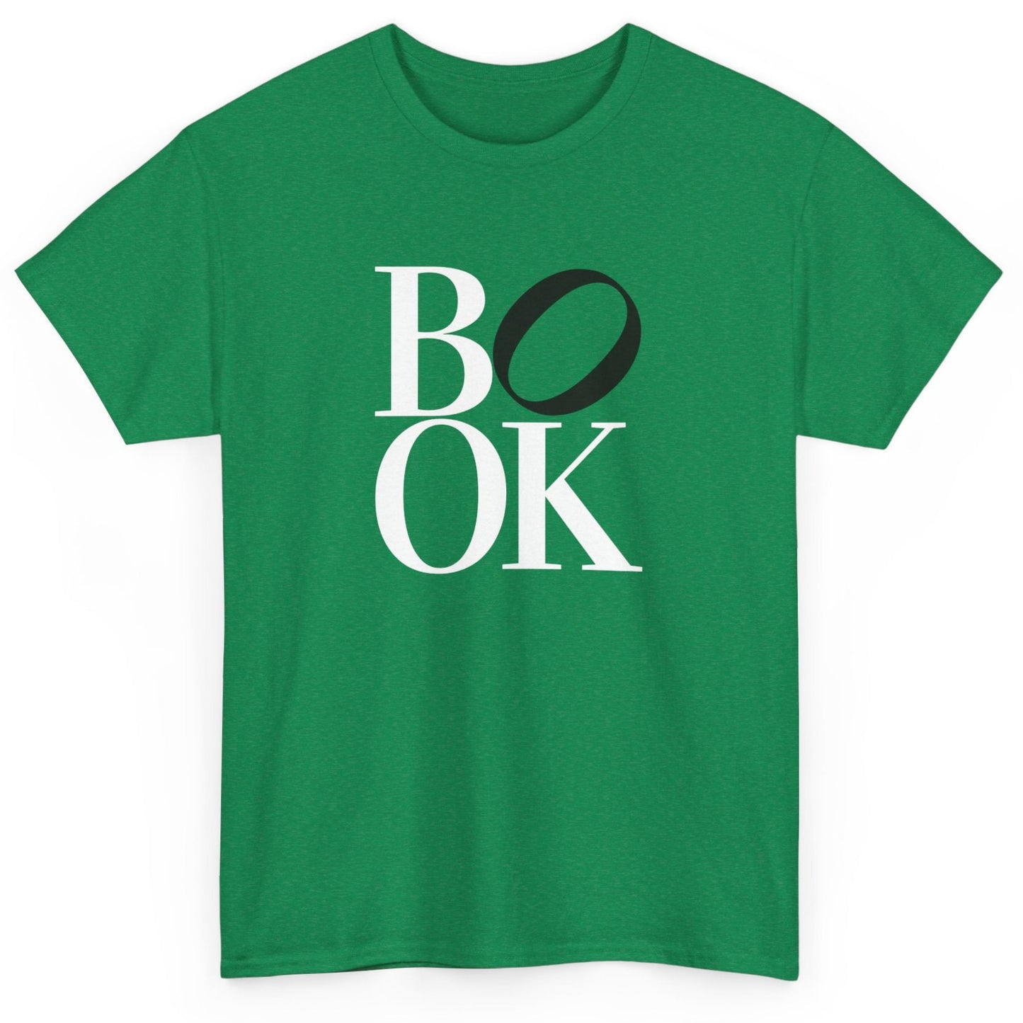 Green t-shirt with 'BOOK' printed on it against a white background