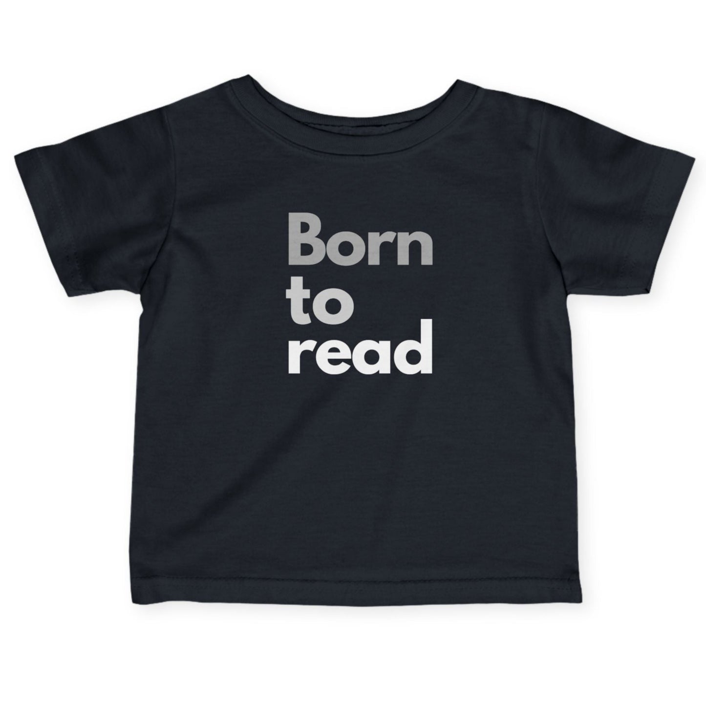 Black t-shirt with 'Born to read' text on a white background