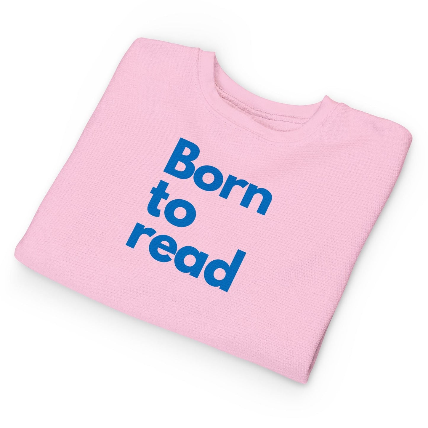 Pink shirt with 'Born to read' text on a white background
