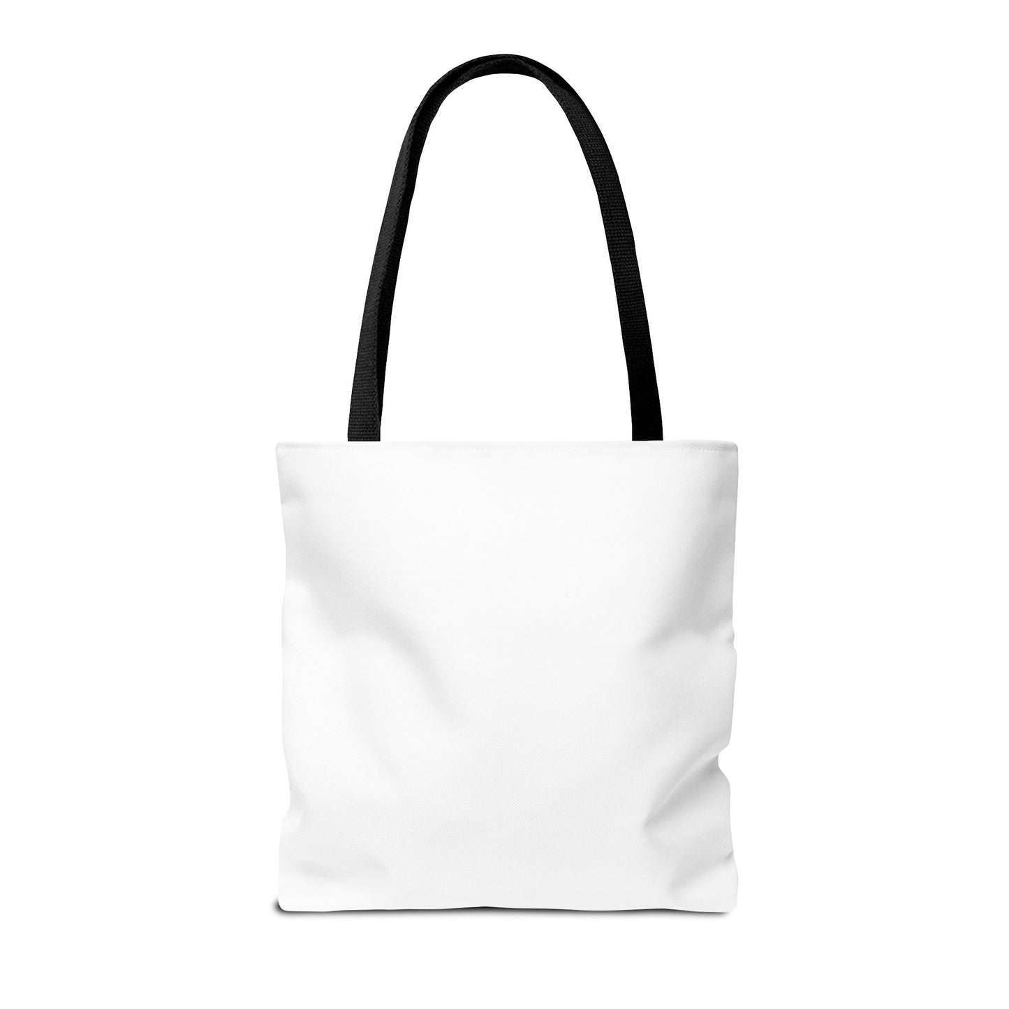 White tote bag with black handle on a white background