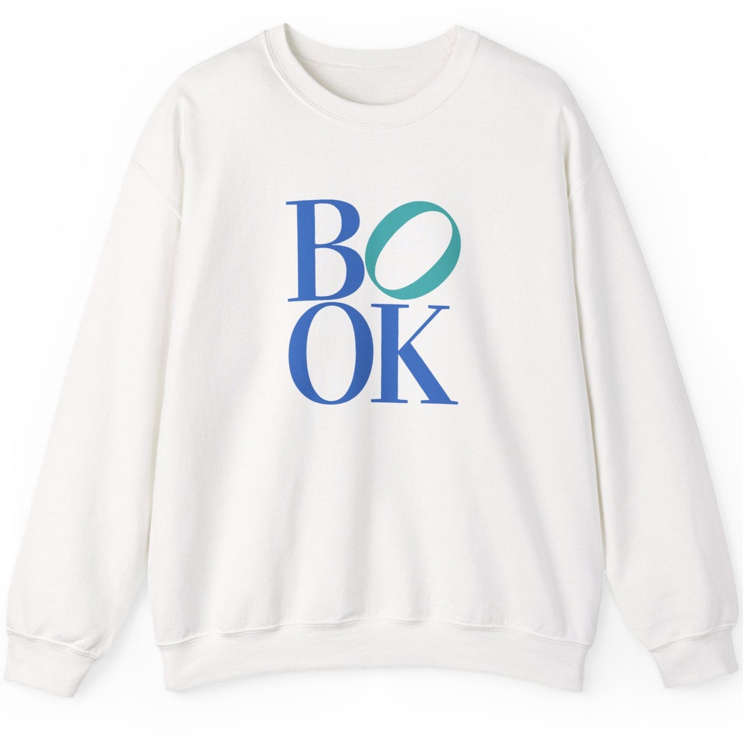 White sweatshirt with 'BOOK' printed in blue and green on a white background