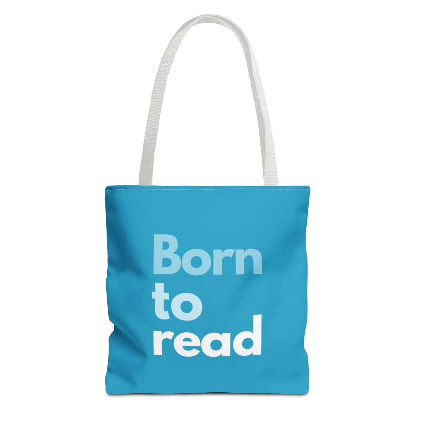 Blue tote bag with 'Born to read' text on a white background