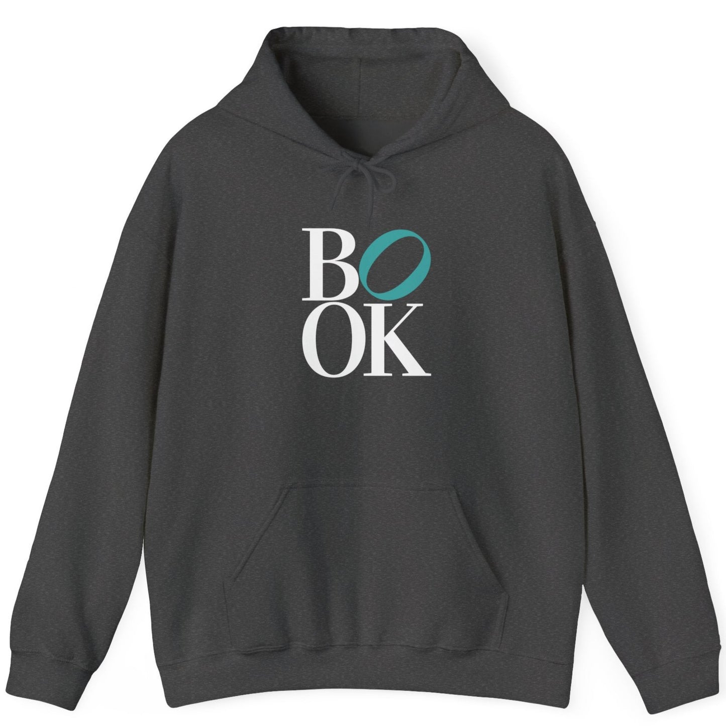 Dark gray hoodie with 'BOOK' text on a white background