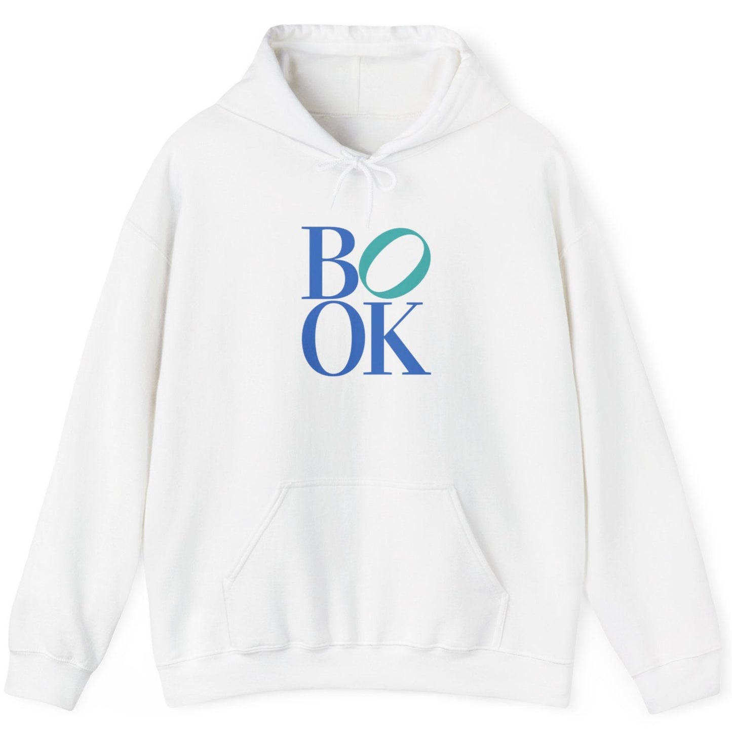 White hoodie with 'BOOK' printed on it against a white background