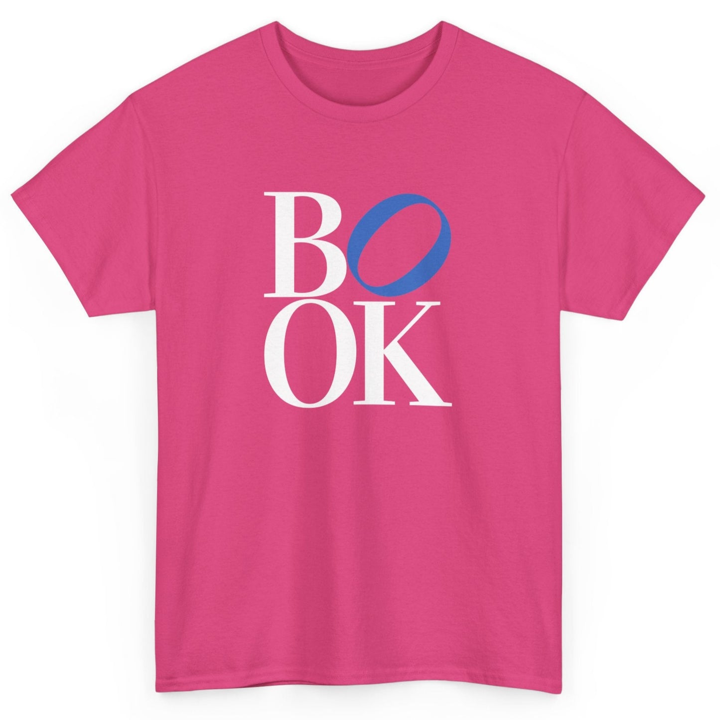 Pink t-shirt with 'BOOK' text on a white background