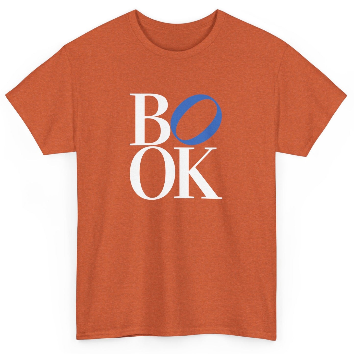 Orange t-shirt with 'BOOK' text design on a white background
