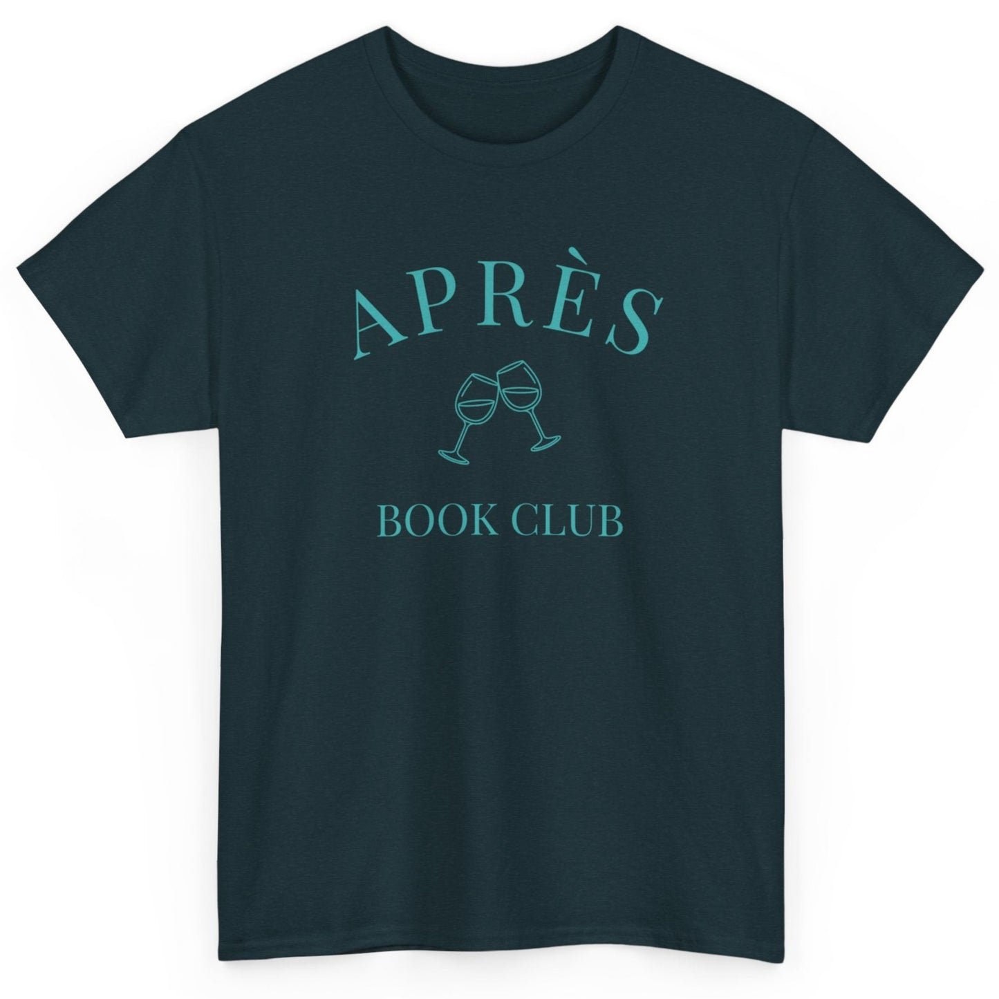 Navy blue t-shirt with 'APRÈS BOOK CLUB' text and graphics on a white background