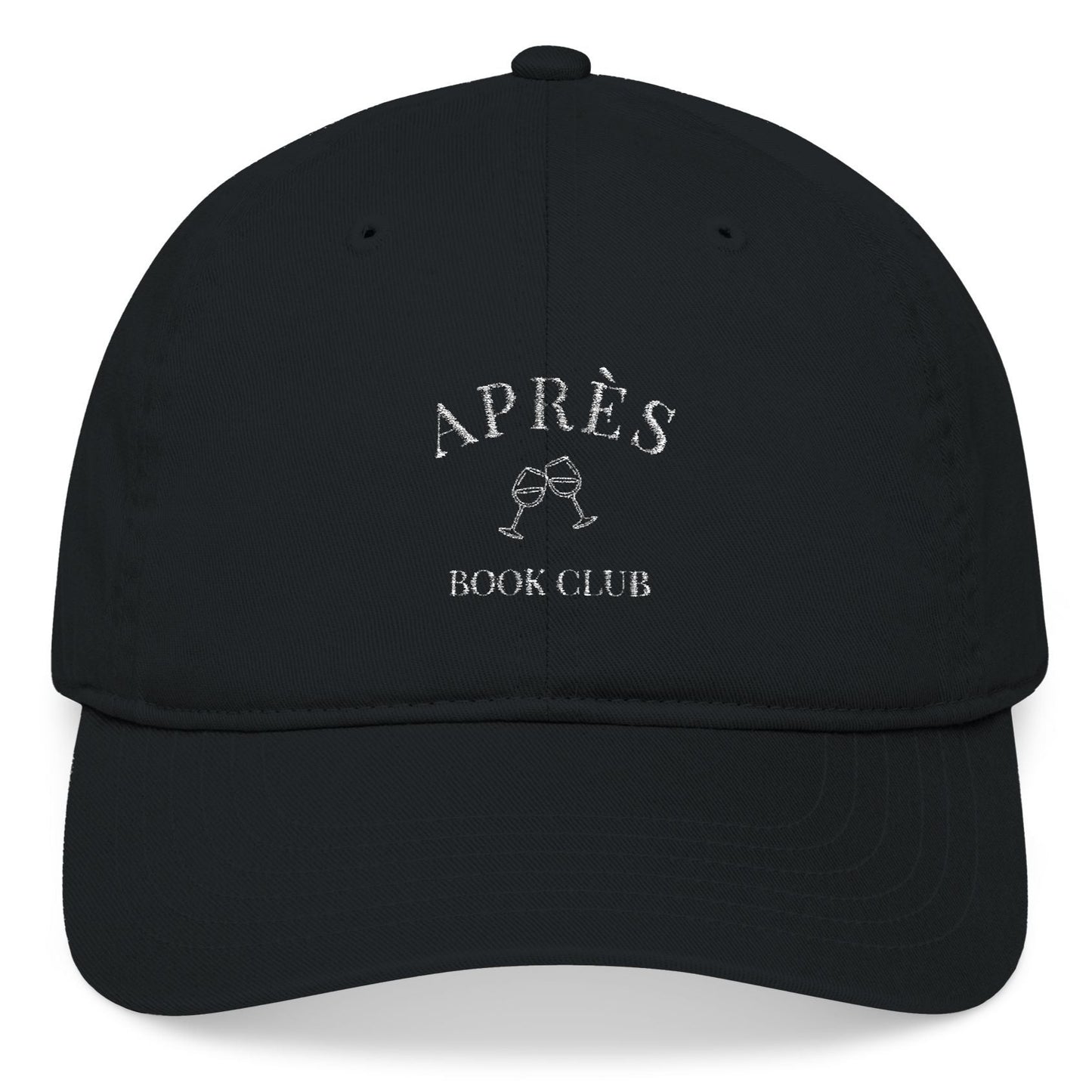 Black cap with 'APRèS BOOK CLUB' text and logo on a white background