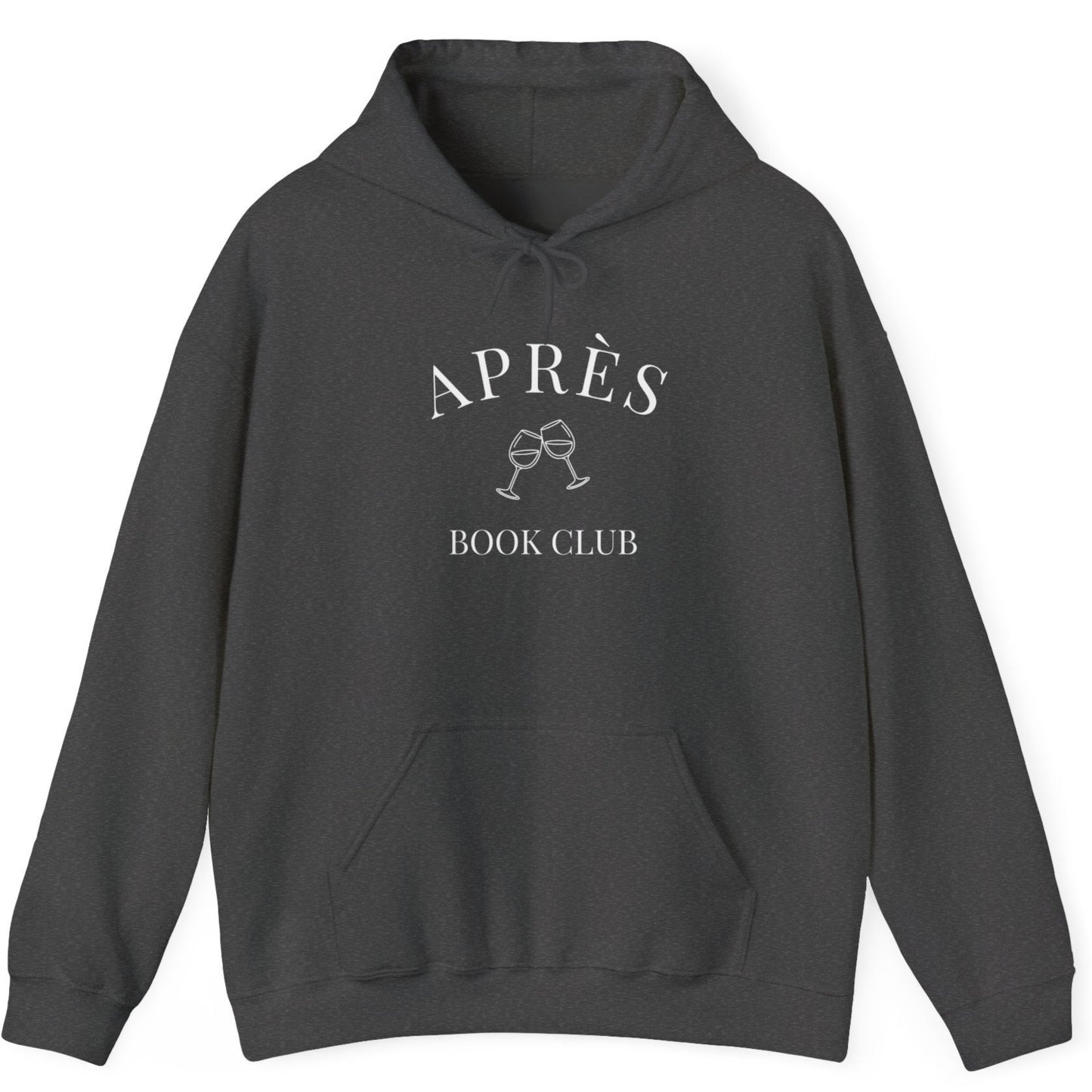 Dark gray hoodie with 'Apres Book Club' text and graphic on a white background