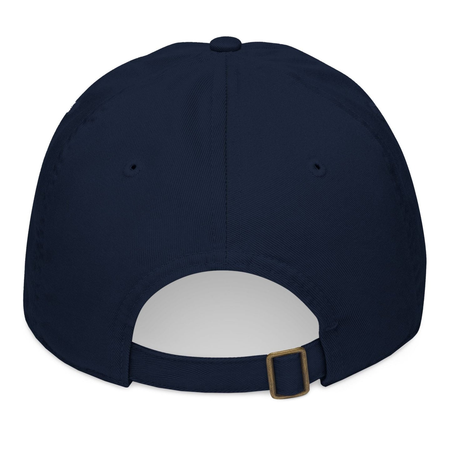Navy blue baseball cap with a white interior and gold buckle on a white background