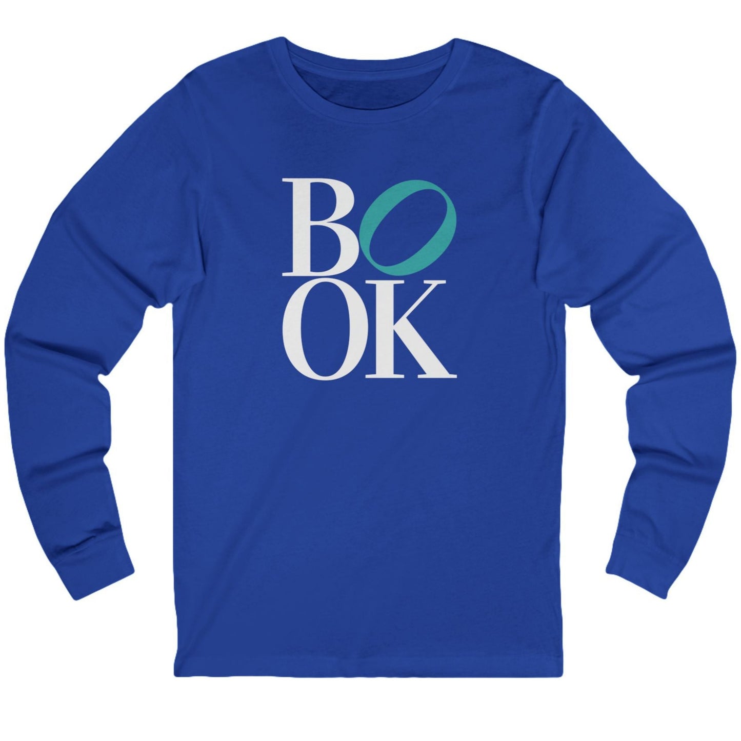 Blue long-sleeve shirt with 'BOOK' text design on a white background
