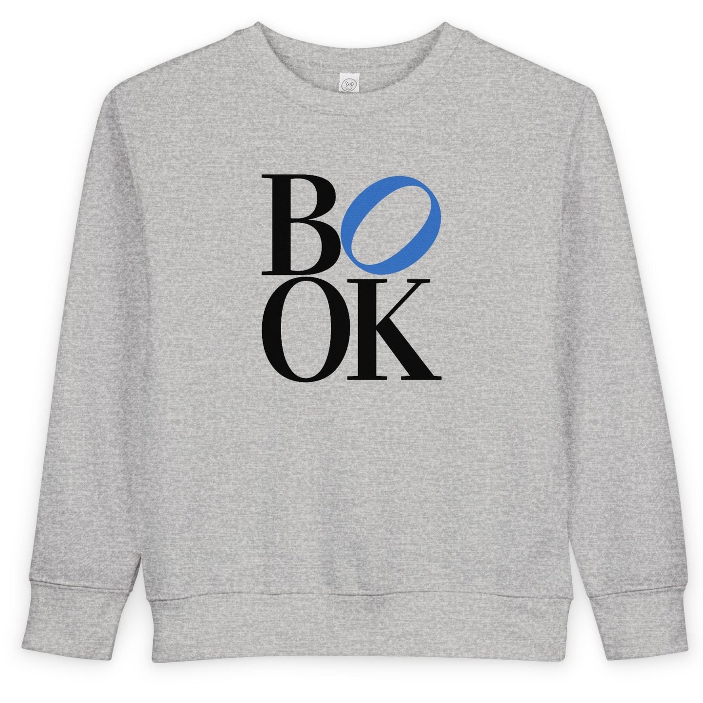 Gray sweatshirt with 'BOOK' printed on it against a white background