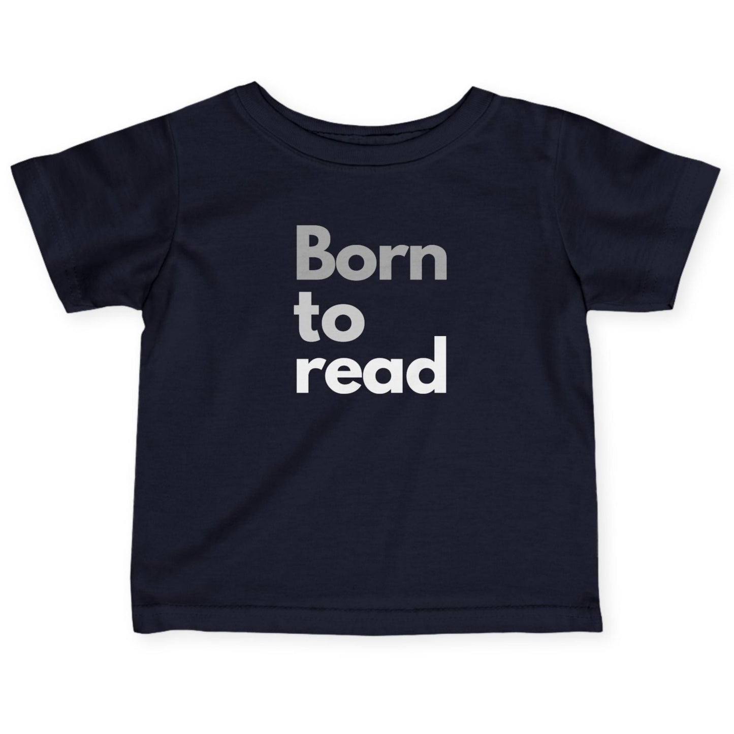 Black t-shirt with 'Born to read' text on a white background