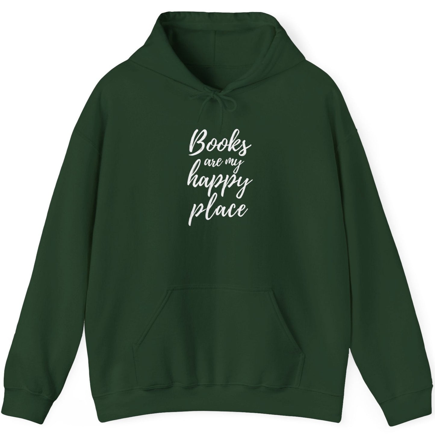 Green hoodie with 'Books are my happy place' text on a white background