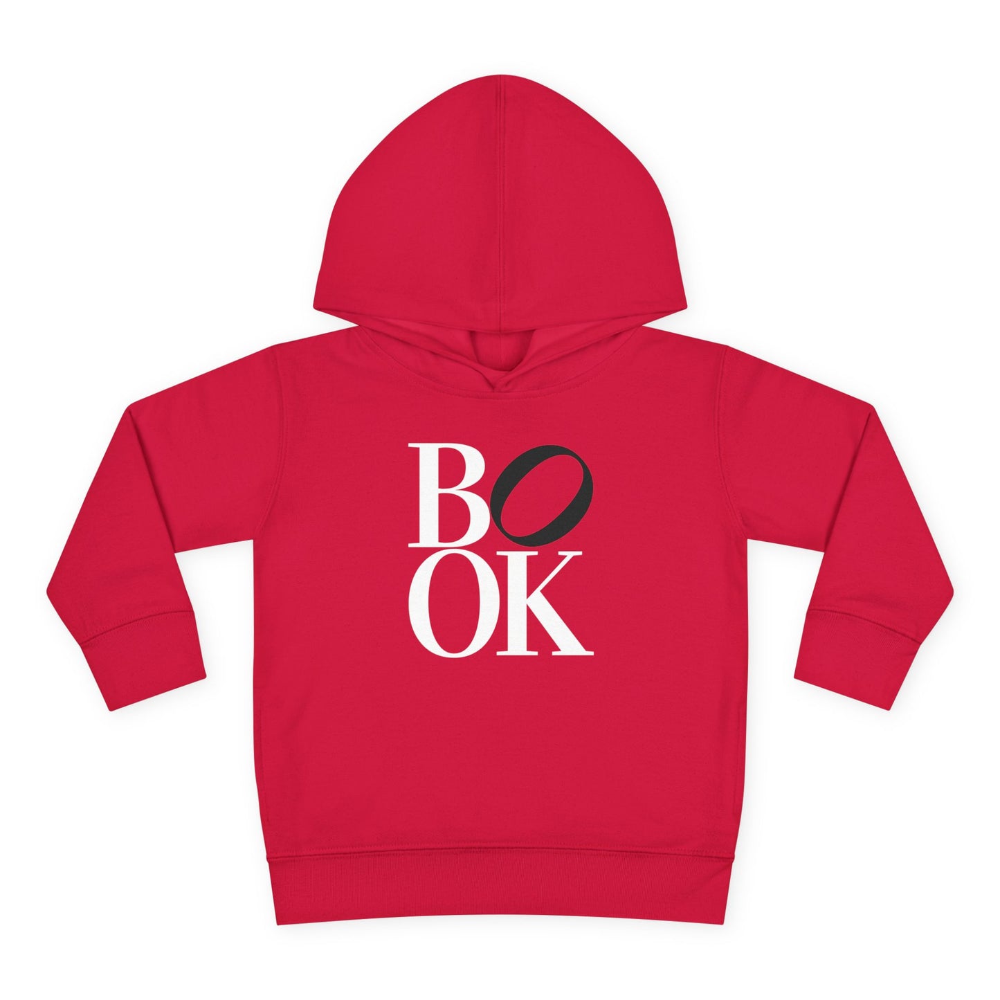 Red hoodie with 'BOOK' printed on it against a white background