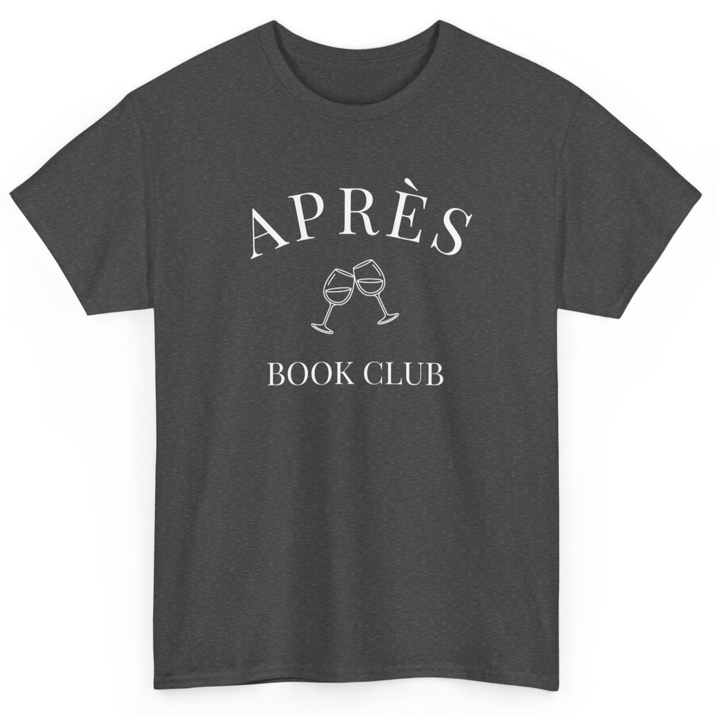 Dark gray t-shirt with 'APRÈS BOOK CLUB' text and wine glass graphic on a white background