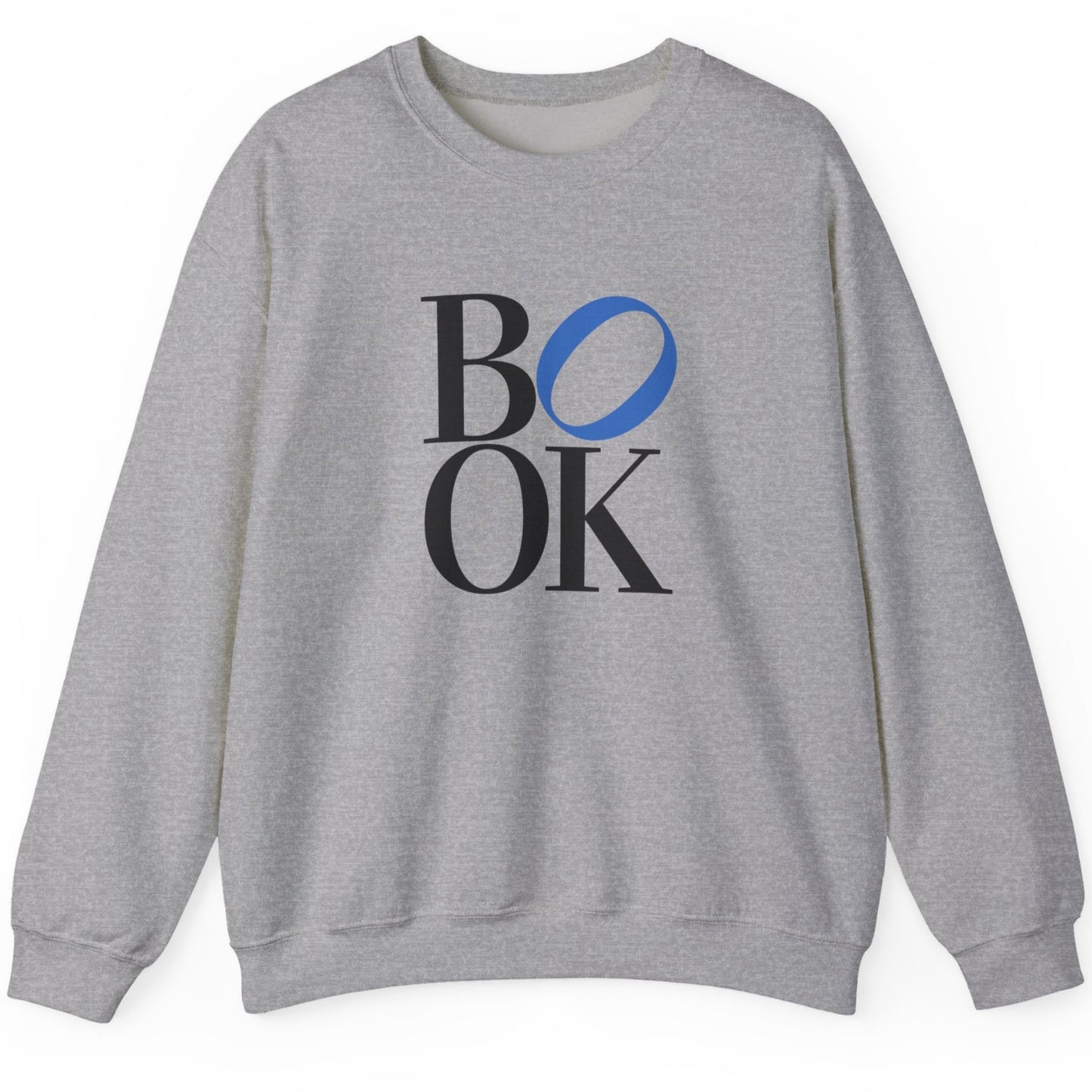 Gray sweatshirt with 'BOOK' text on a white background