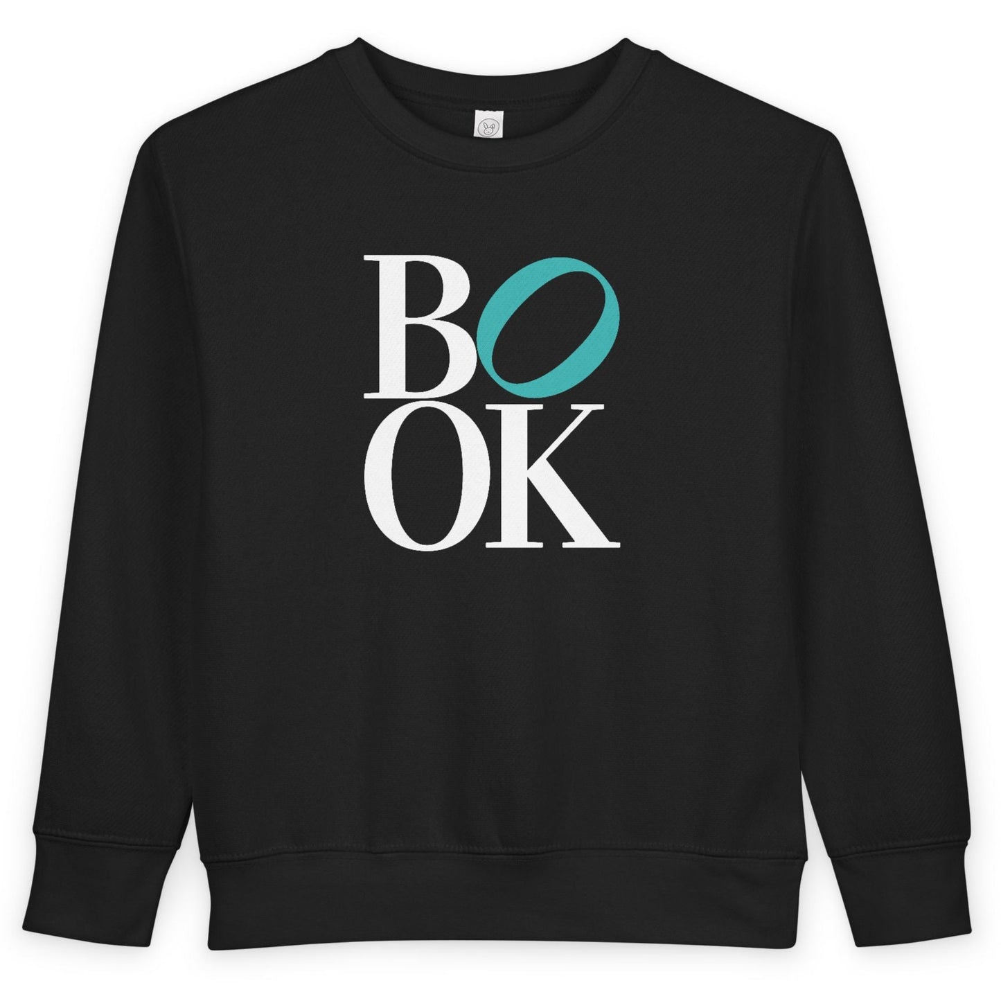 Black sweatshirt with 'BOOK' text design on a white background