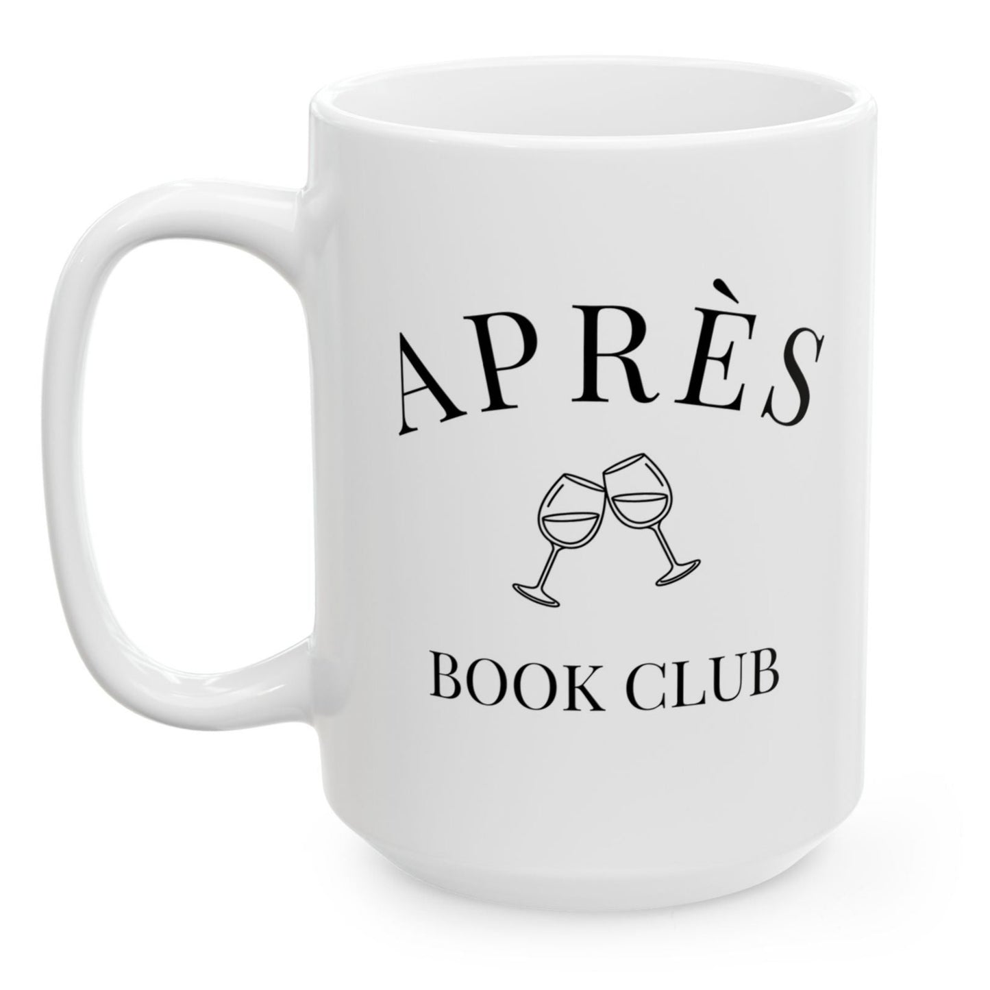 White mug with 'APRÈS BOOK CLUB' text and wine glass illustrations on a white background