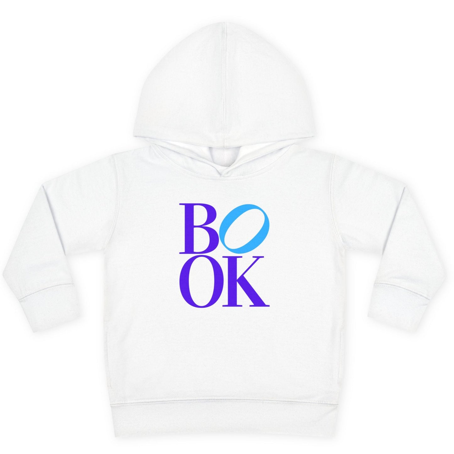 White hoodie with 'BOOK' printed in blue and purple on a white background