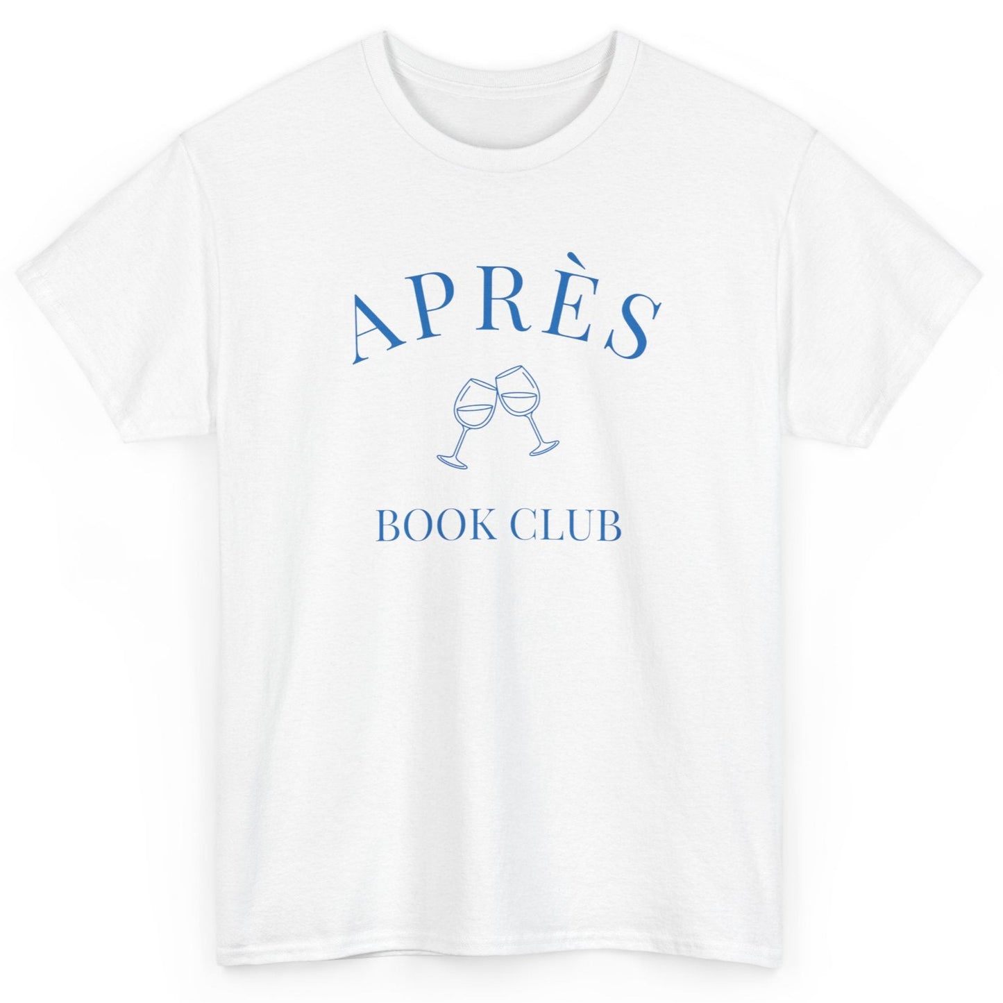 White t-shirt with blue 'APRÈS BOOK CLUB' text and graphics on a white background