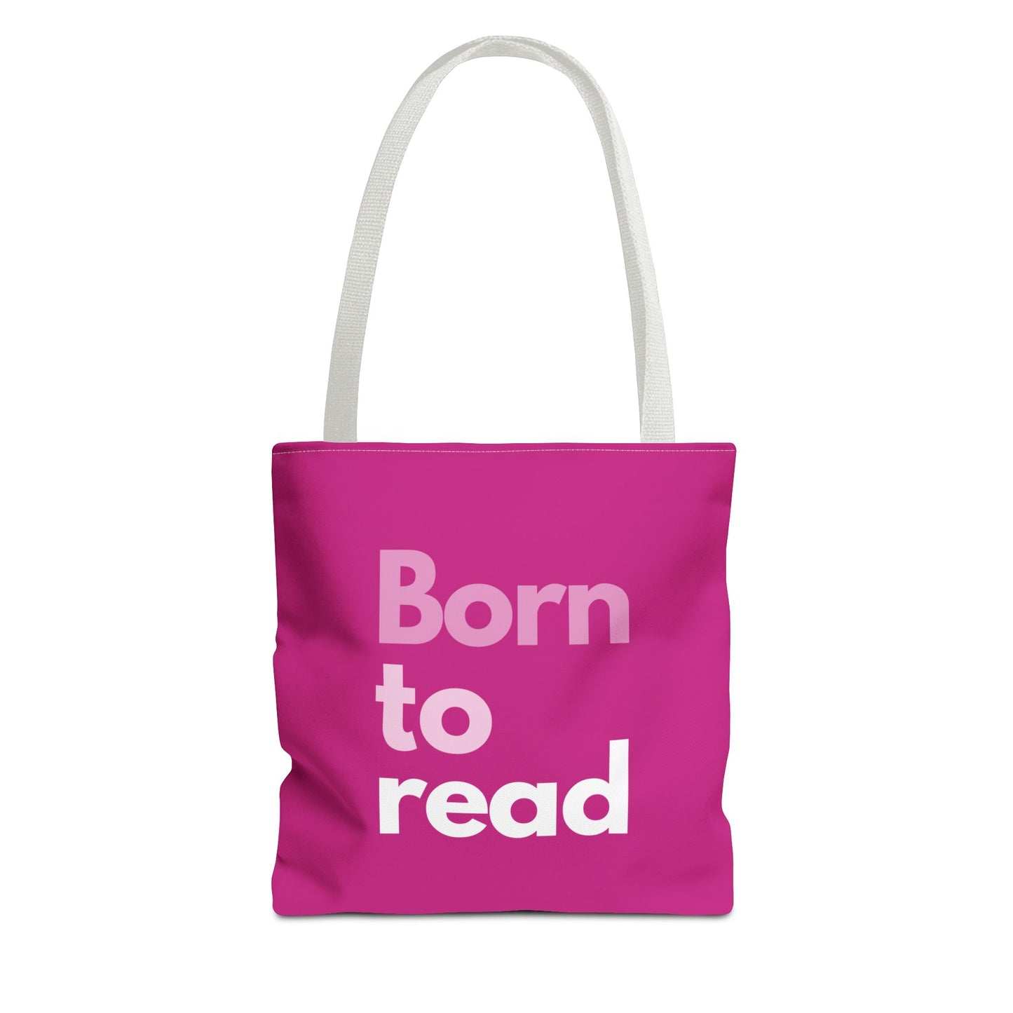 Pink tote bag with 'Born to read' text on a white background