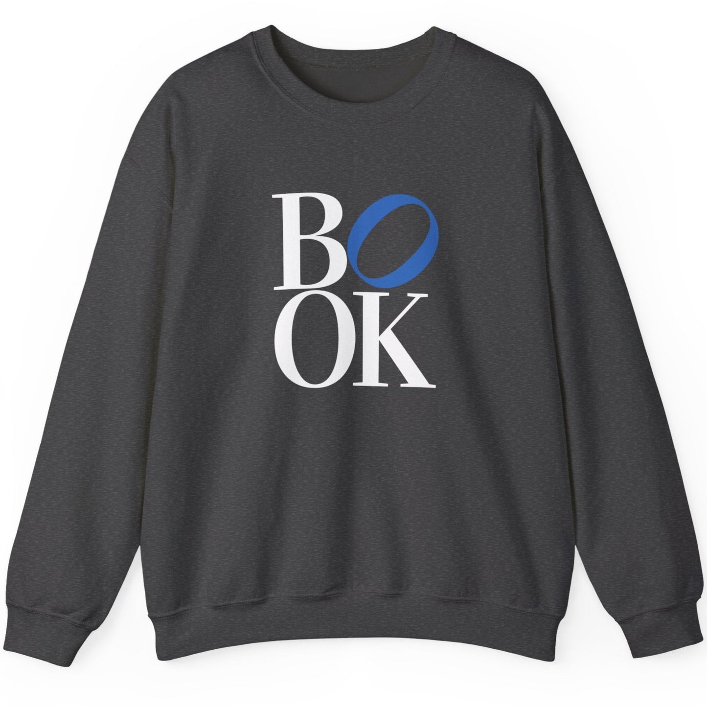 Gray sweatshirt with 'BOOK' text design on a white background