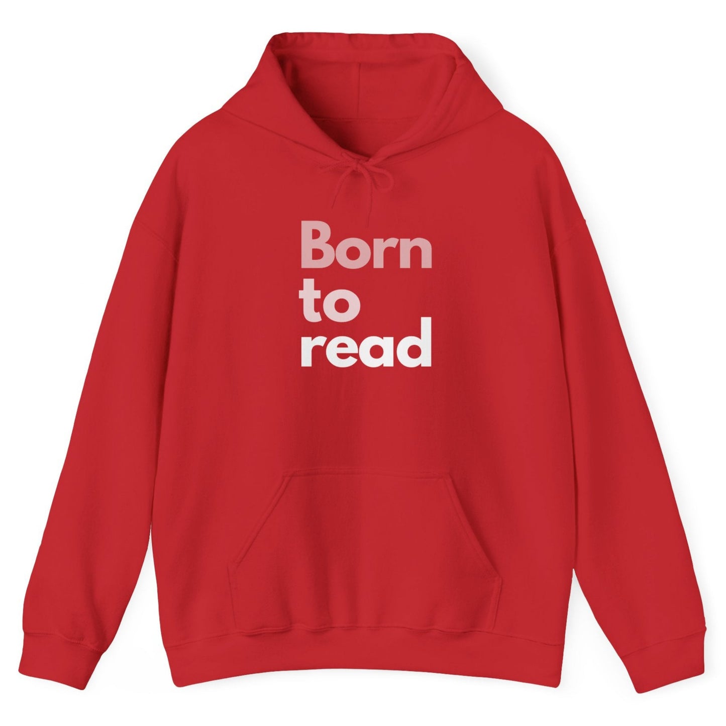 Red hoodie with 'Born to read' text on a white background