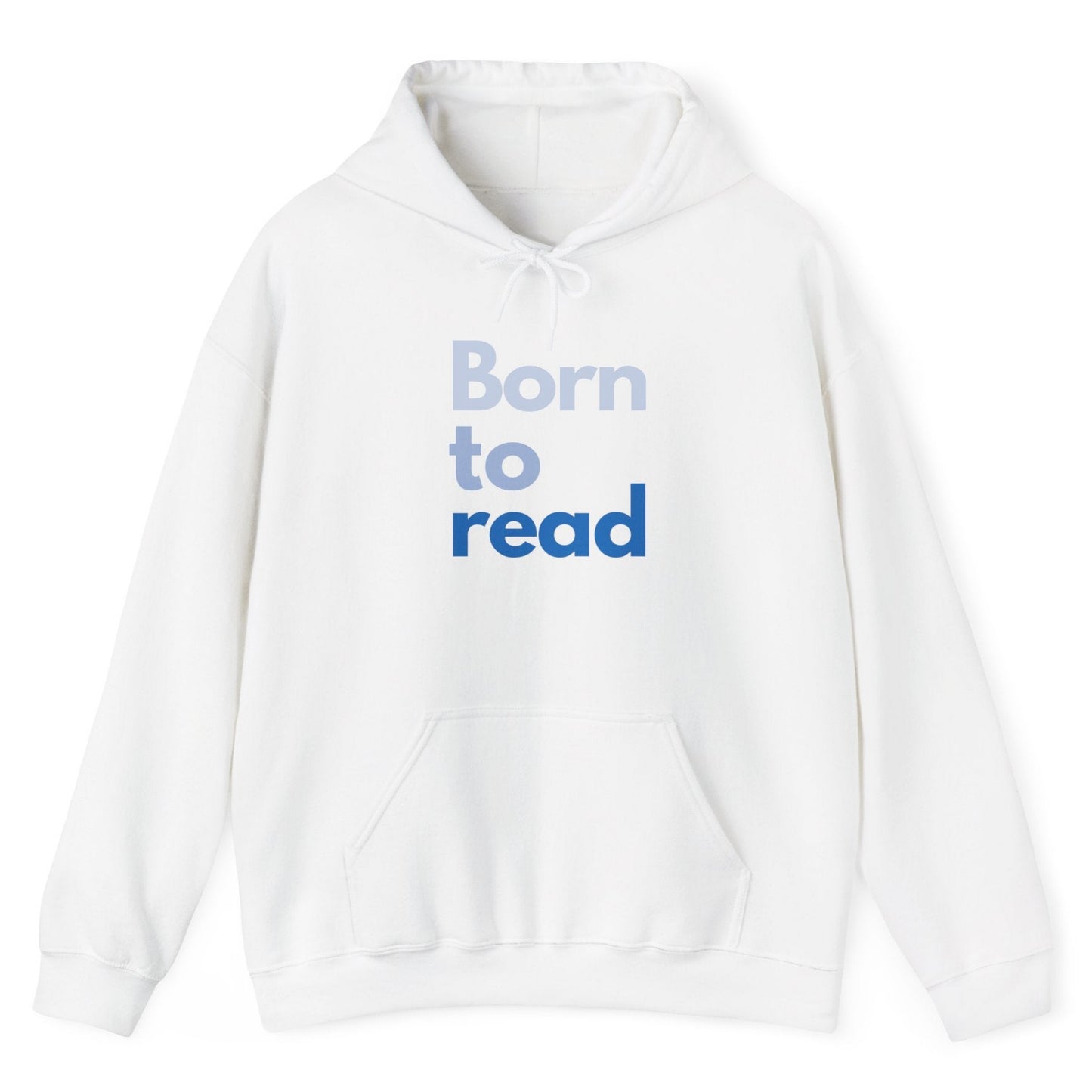 White hoodie with 'Born to read' text on a white background