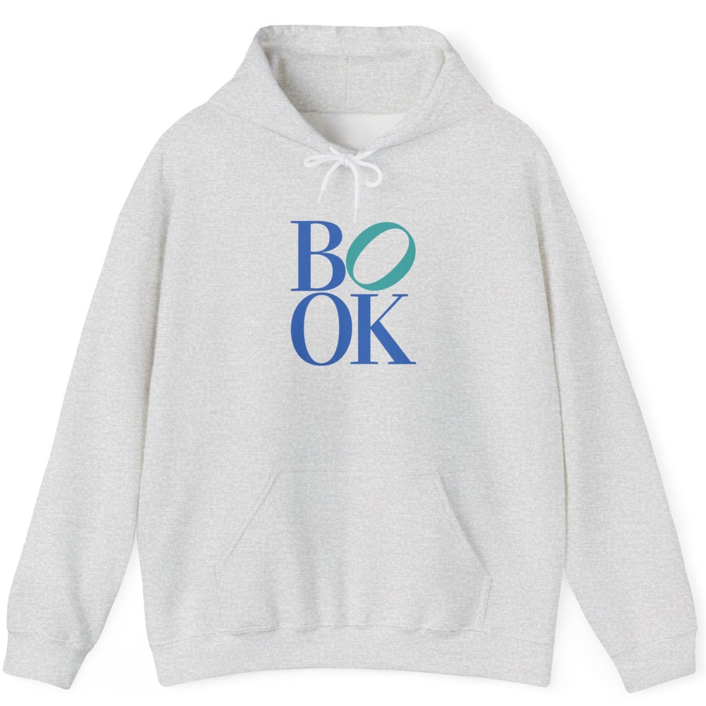 Gray hoodie with 'BOOK' text in blue and green on a white background