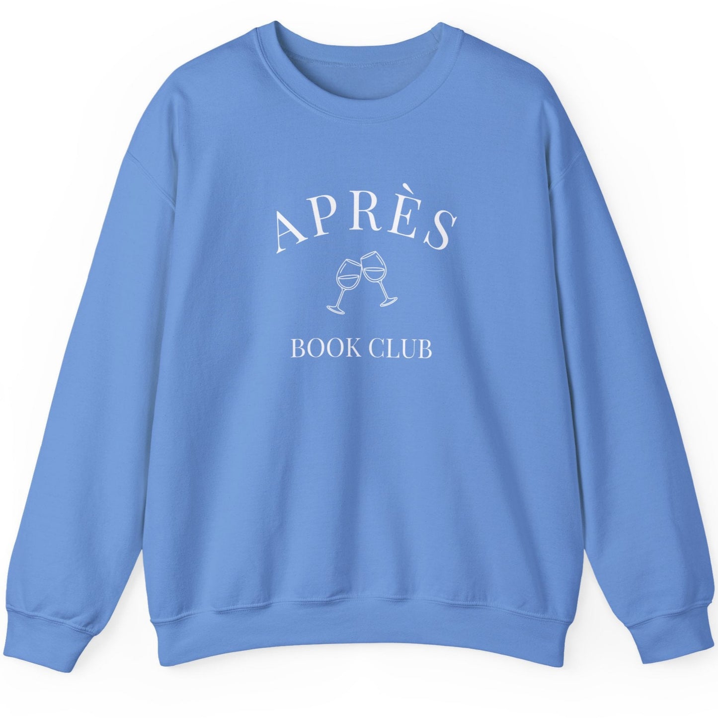 Blue sweatshirt with 'APRèS BOOK CLUB' text on a white background
